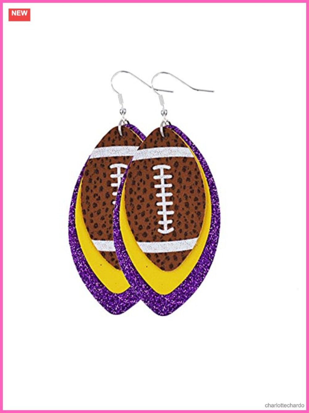 Glitter Faux Leather Football Drop Dangle Earrings Handmade Lightweight
